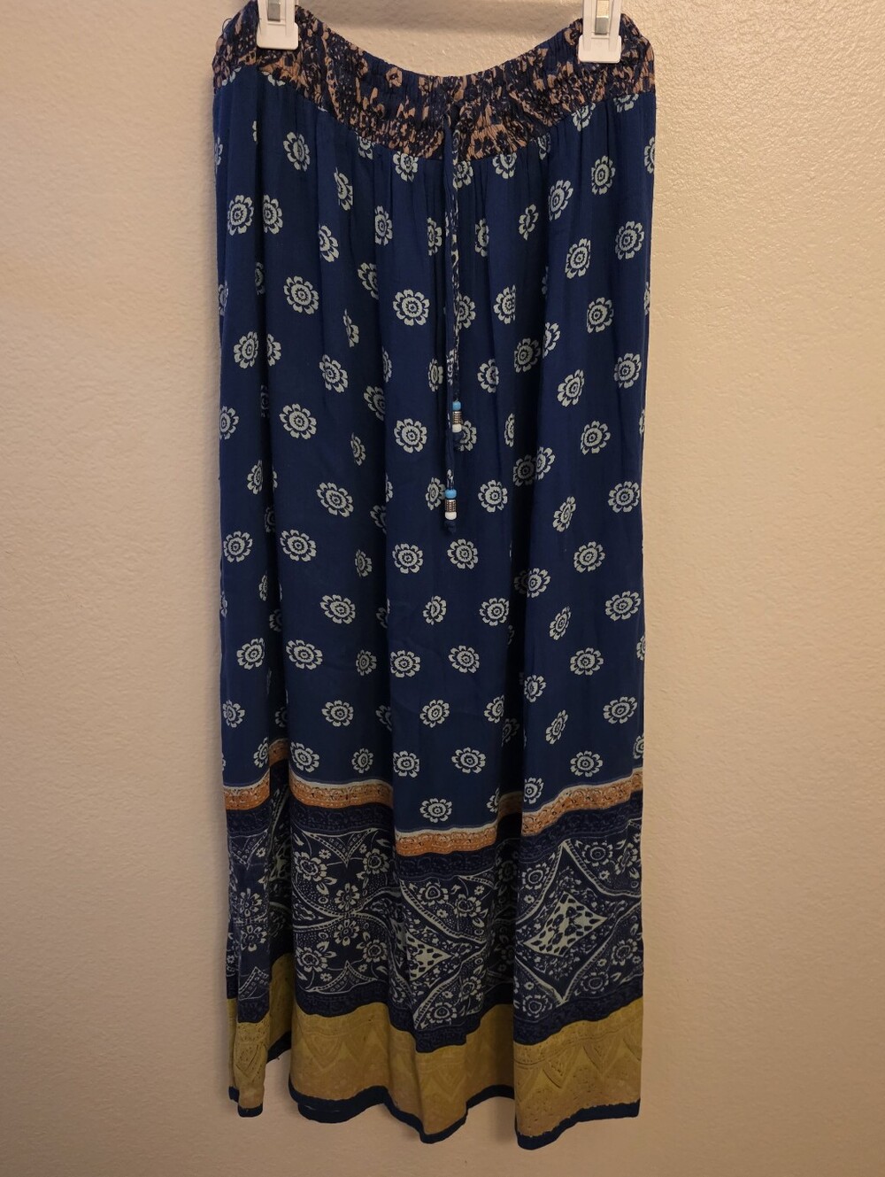 Angie Royal Blue Flower Printed Maxi Skirt with Yellow Border